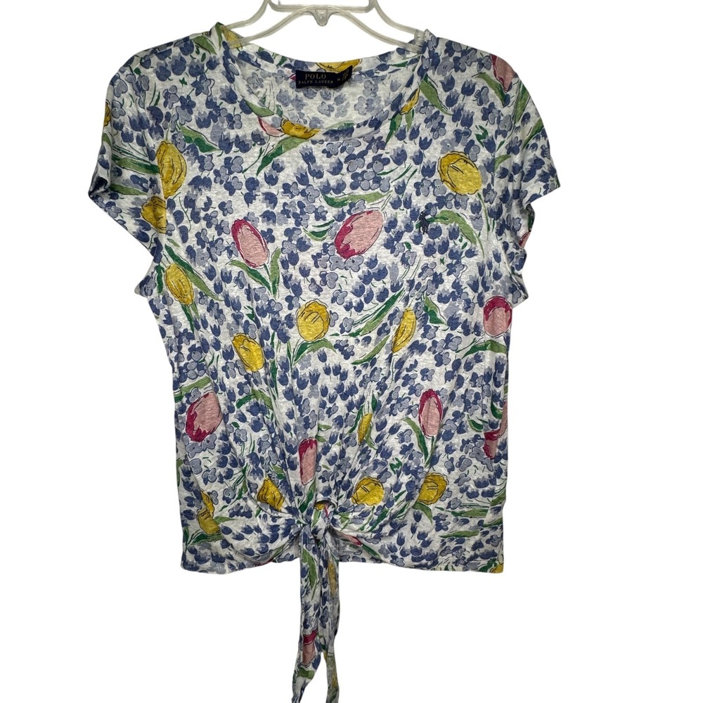 Polo Ralph Lauren Floral Linen Knit Tie Front Top Womens Medium Blue Tulip Tee - Picture 10 of 11
